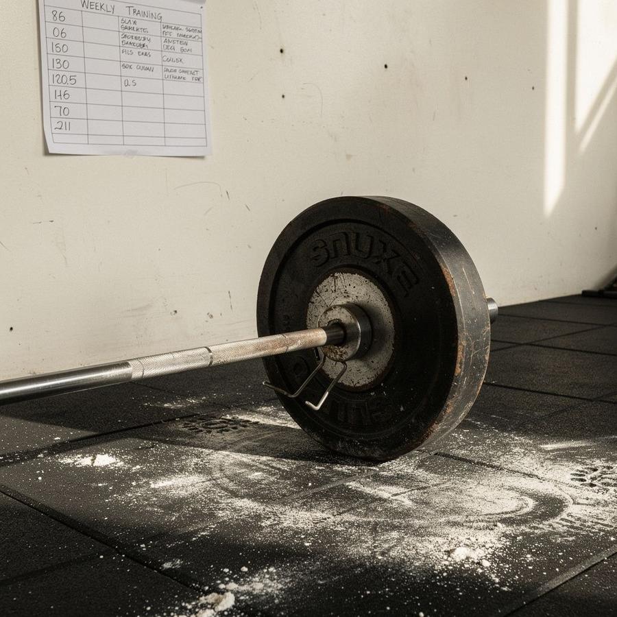 Studio detail: a loaded barbell, chalk marks, and a hand-written weekly training schedule on the wall