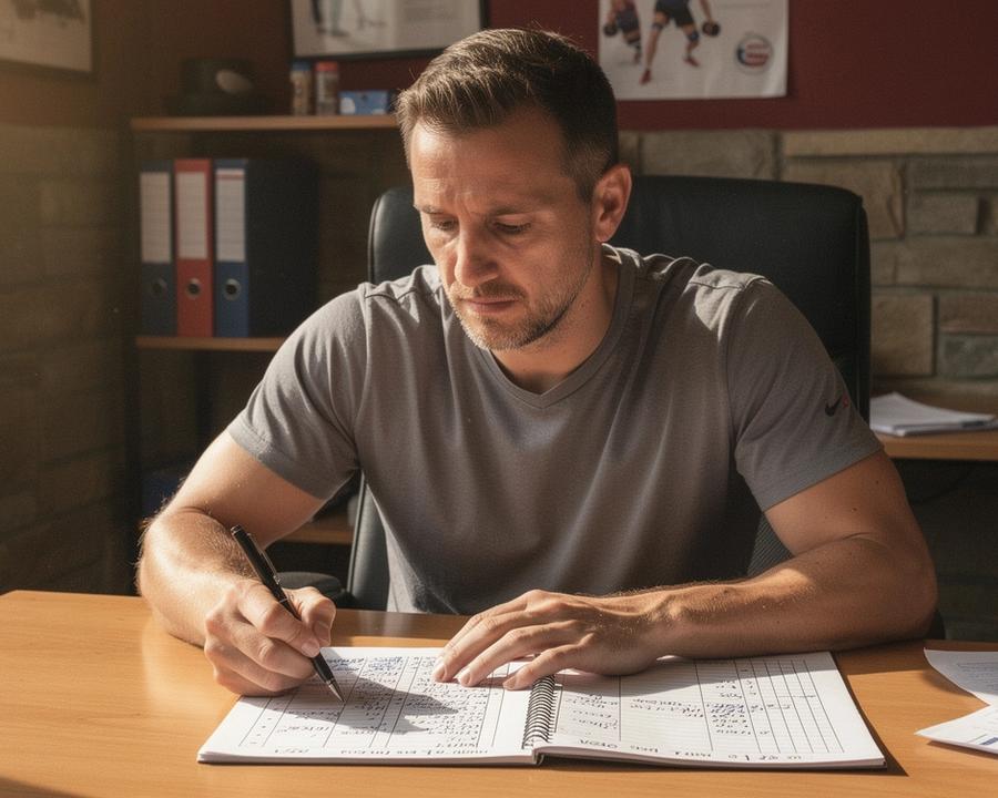 Coach reviewing a handwritten training ledger at a wooden table
